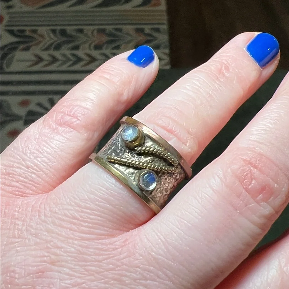 Artisan Moonstone Sterling Silver Cooper Brass Textured Wide Cigar Band Ring